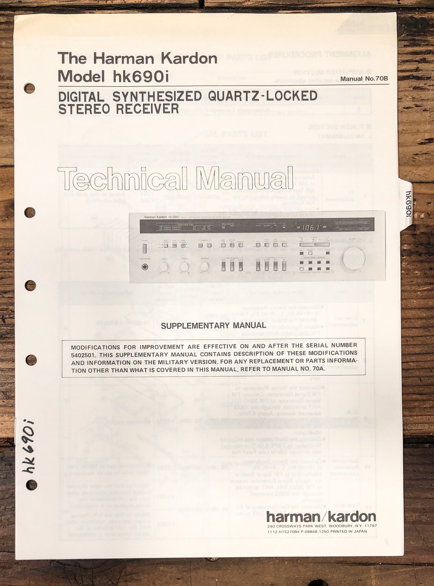 Harmon Kardon HK HK-690i HK690i Receiver Supp. Service Manual *Original*