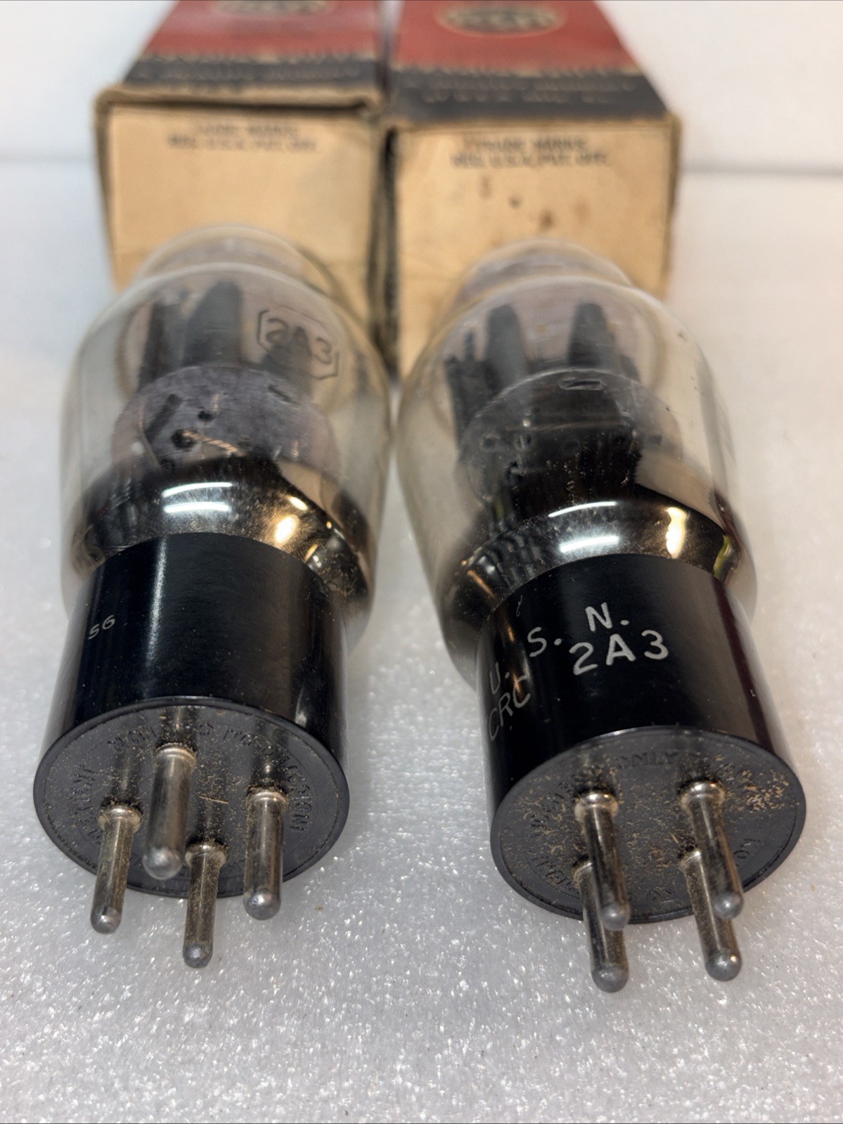 Matched Pair RCA USN CRC 2A3 Dual D Getter Vacuum Tubes Amplitrex NOS 1943 Date