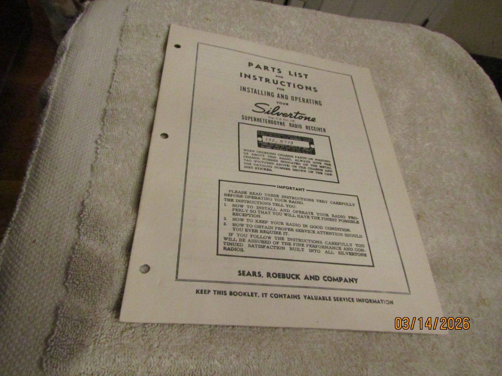 Vintage Sears Roebuck Silvertone Radio Receiver 132.8773 Parts List Instructions