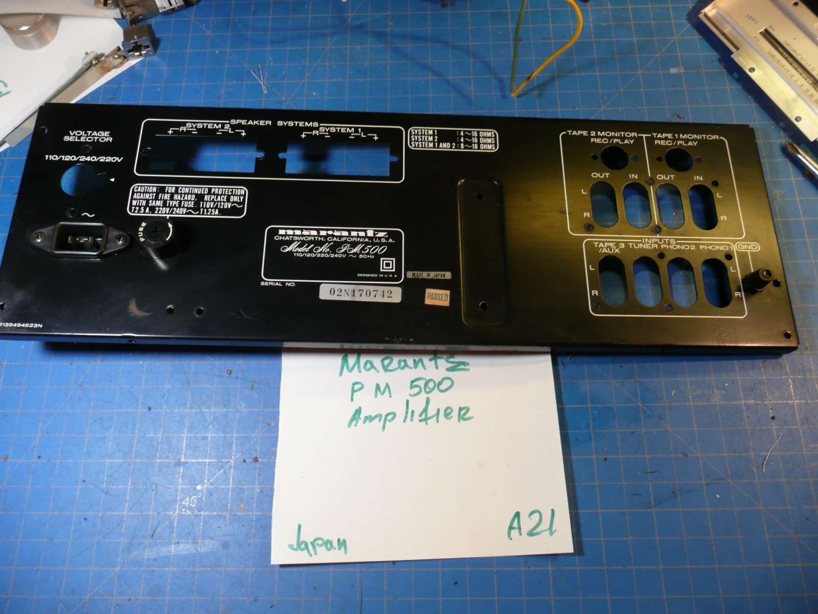 Marantz Model PM-500 Amplifier Replacement Parts Rear Panel Plate