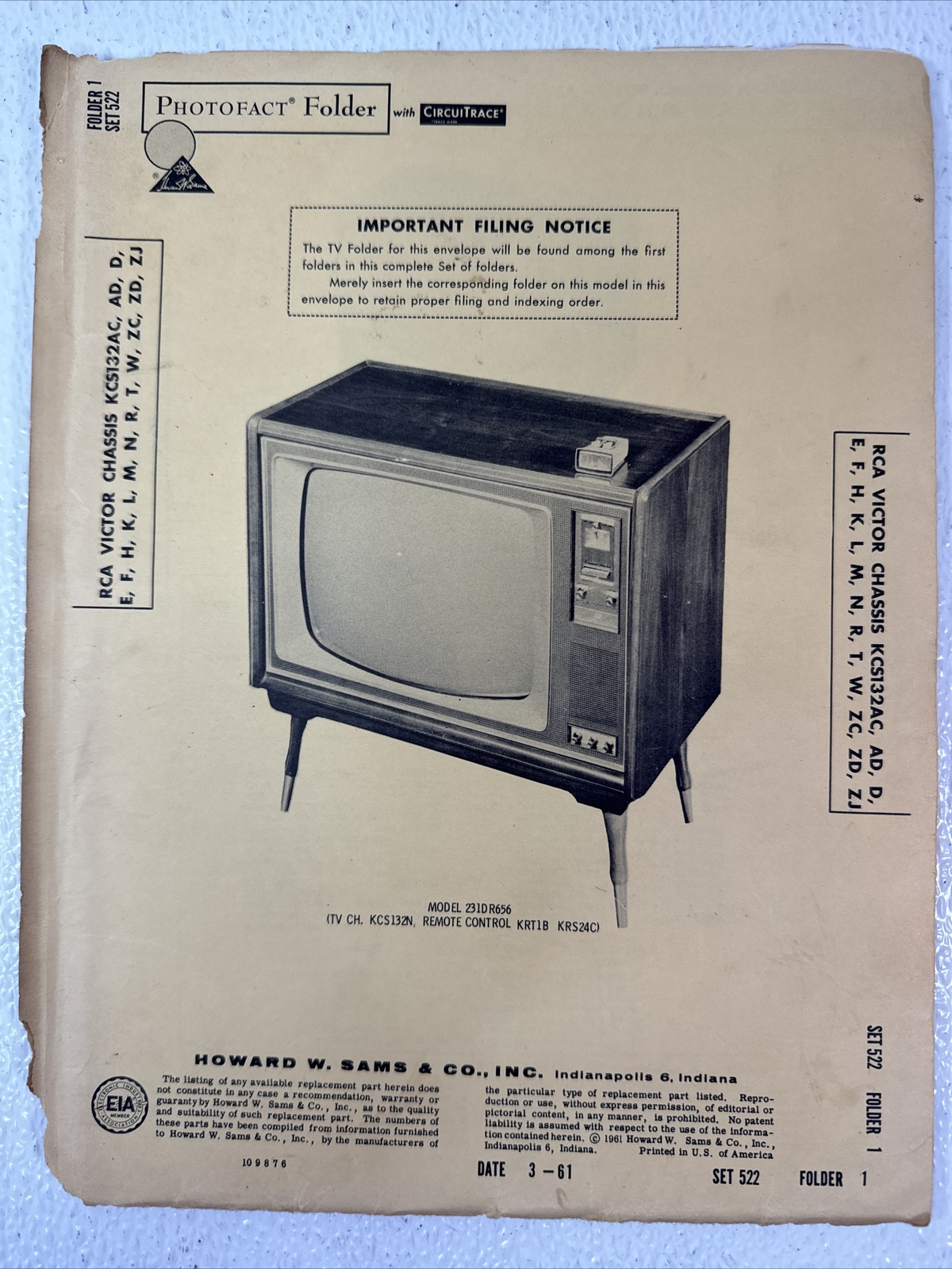 PhotoFact Folder With CircuitTrace For RCA Victor CHASSIS KCS132AC TV Repair