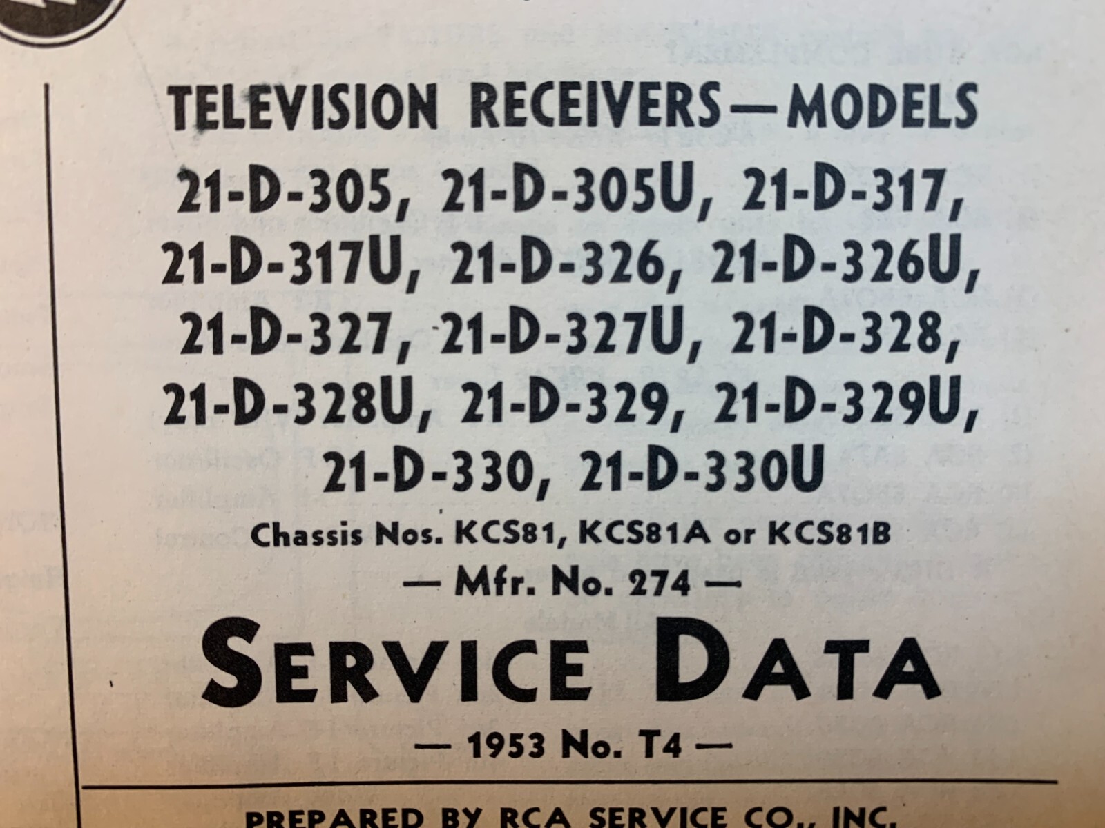 RCA Victor Television Data 1953 No. T4 KCS81 Chassis Series manual FREE SHIPPING