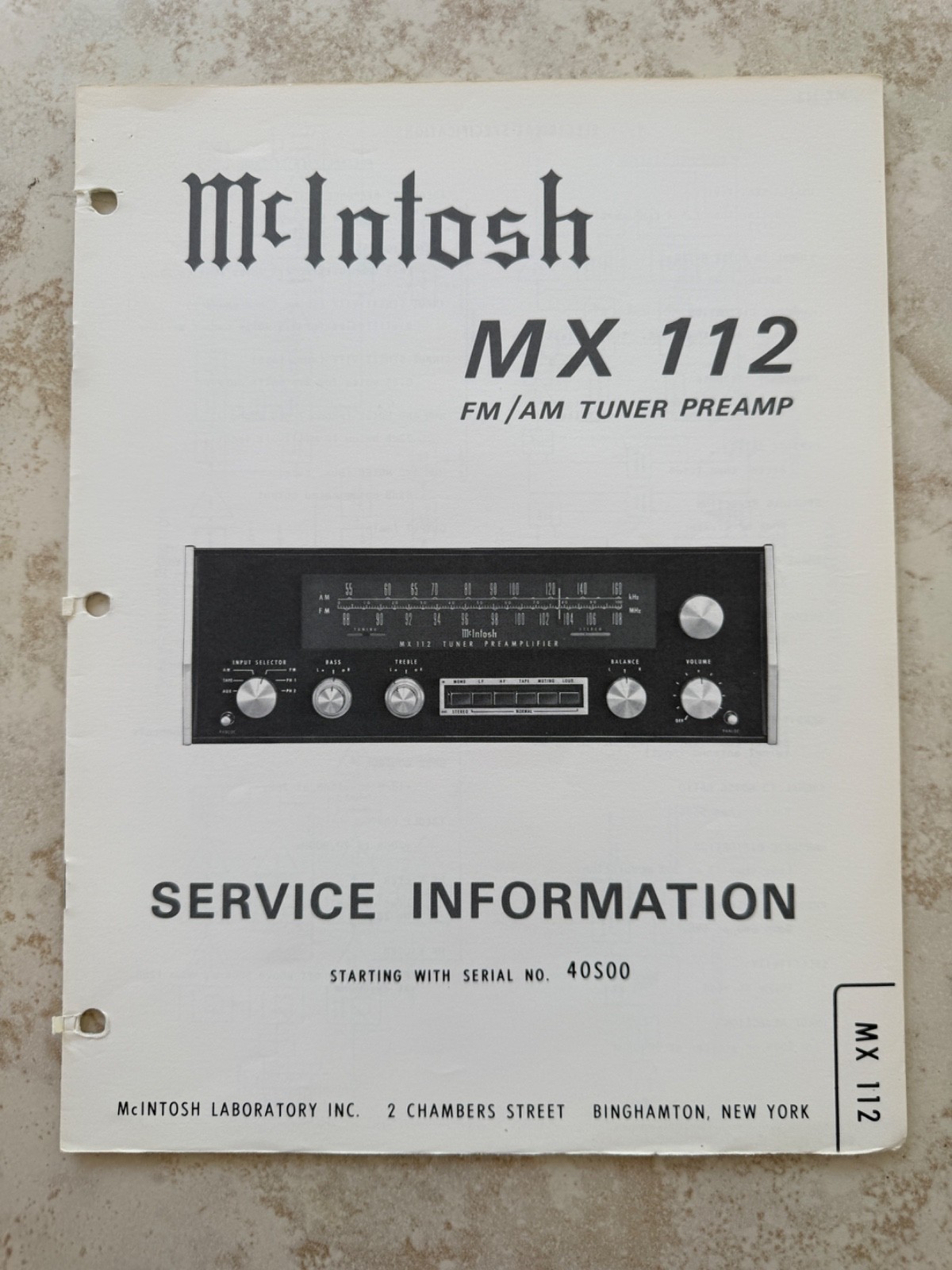 MCINTOSH MX112 SERVICE INFORMATION – ORIGINAL