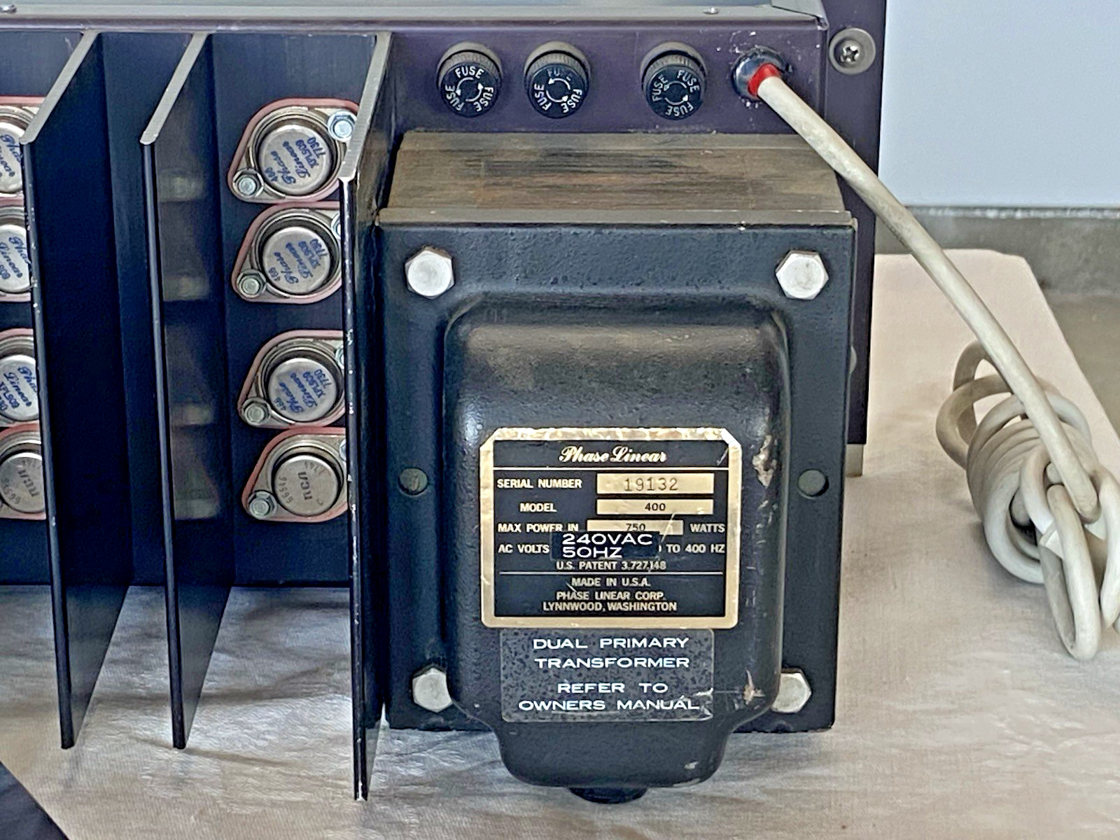 Phase Linear 400 Amplifier – w/120/240v Transformer – Works Well