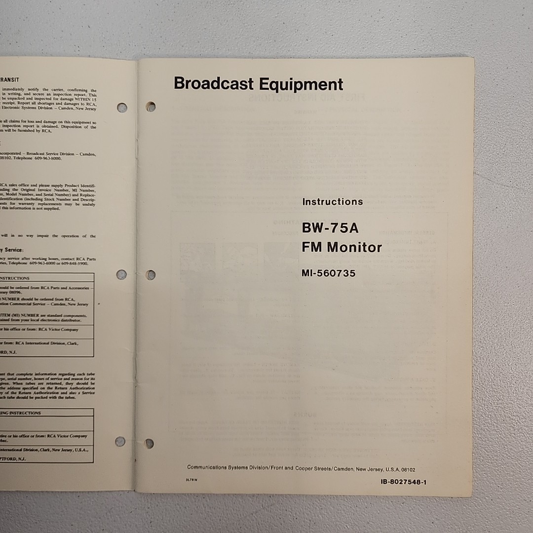 RCA BW-75A FM Monitor Vintage Instruction Manual MI-560735