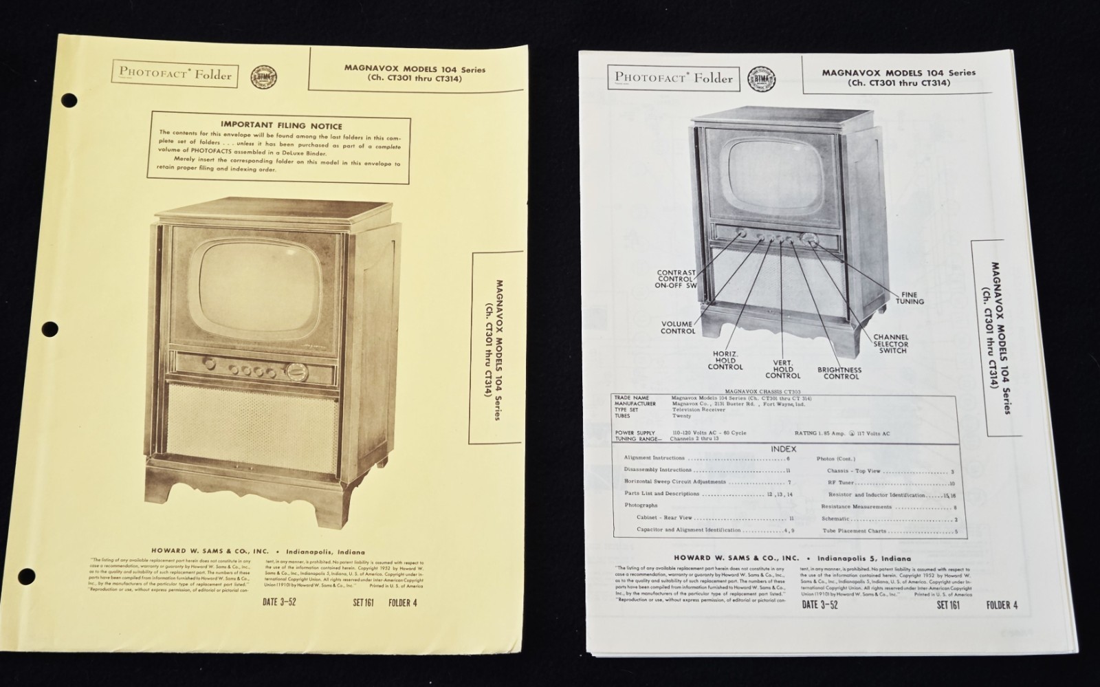 Magnavox Model 104 Series Howard Sams 1952 Radio Photofact Set 161 Folder 4
