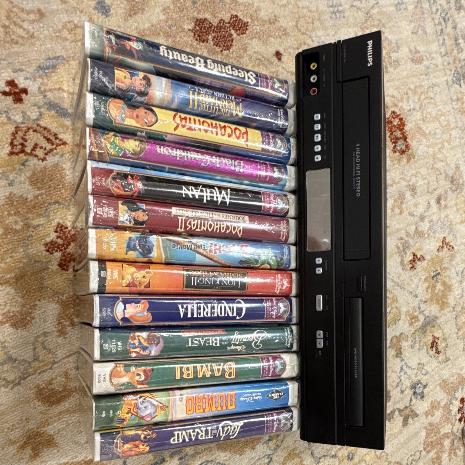 Philips DVP3345VB/F7 DVD VHS Combo Player + 39 Disney VHS Tapes Lot Tested 4-Hea