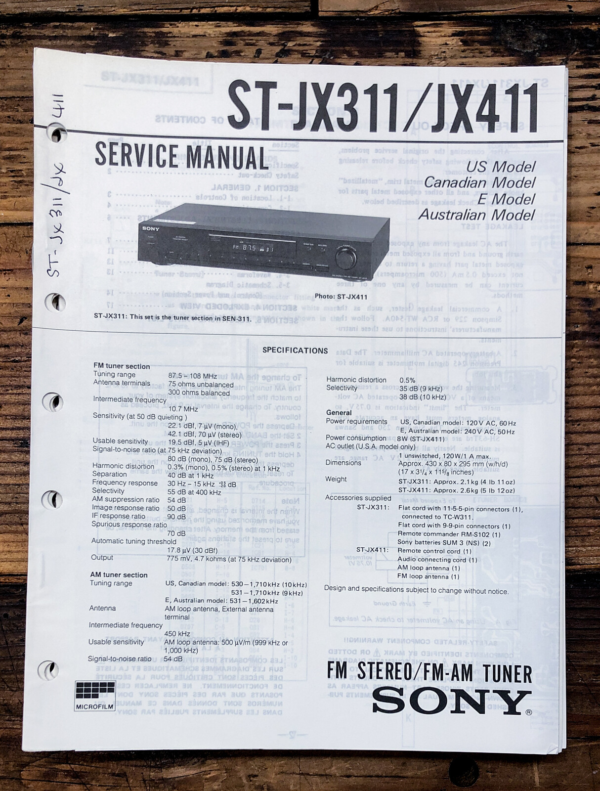 Sony ST-JX311 ST-JX411 Tuner Service Manual *Original*