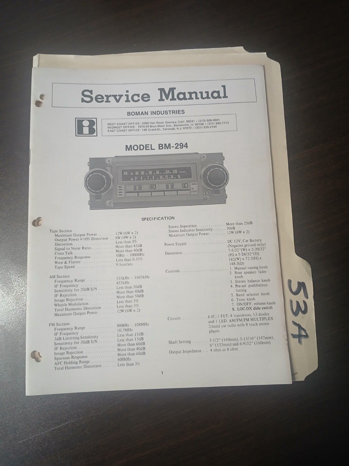 Boman B M 294 Service Manual Original Repair Book Radio