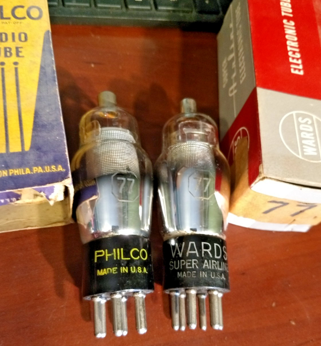2 PHILCO & WARDS SUPER 77 Radio Tubes Hour Glass Coke Bottle Tested GOOD USA