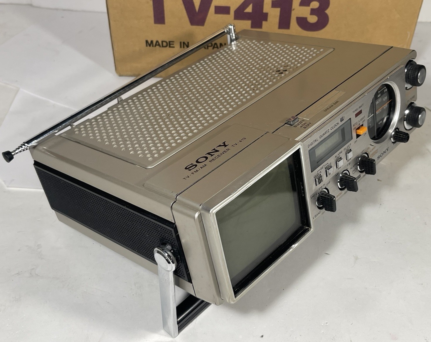 Vintage Sony TV 413 Mini Black & White FM/AM Television + Box & Power Supply