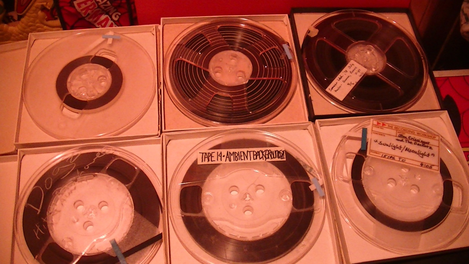 (6) Pre-Recorded Ampex 456 1/4″ Pancake Analog Recording Tape 7″ Reel & Box