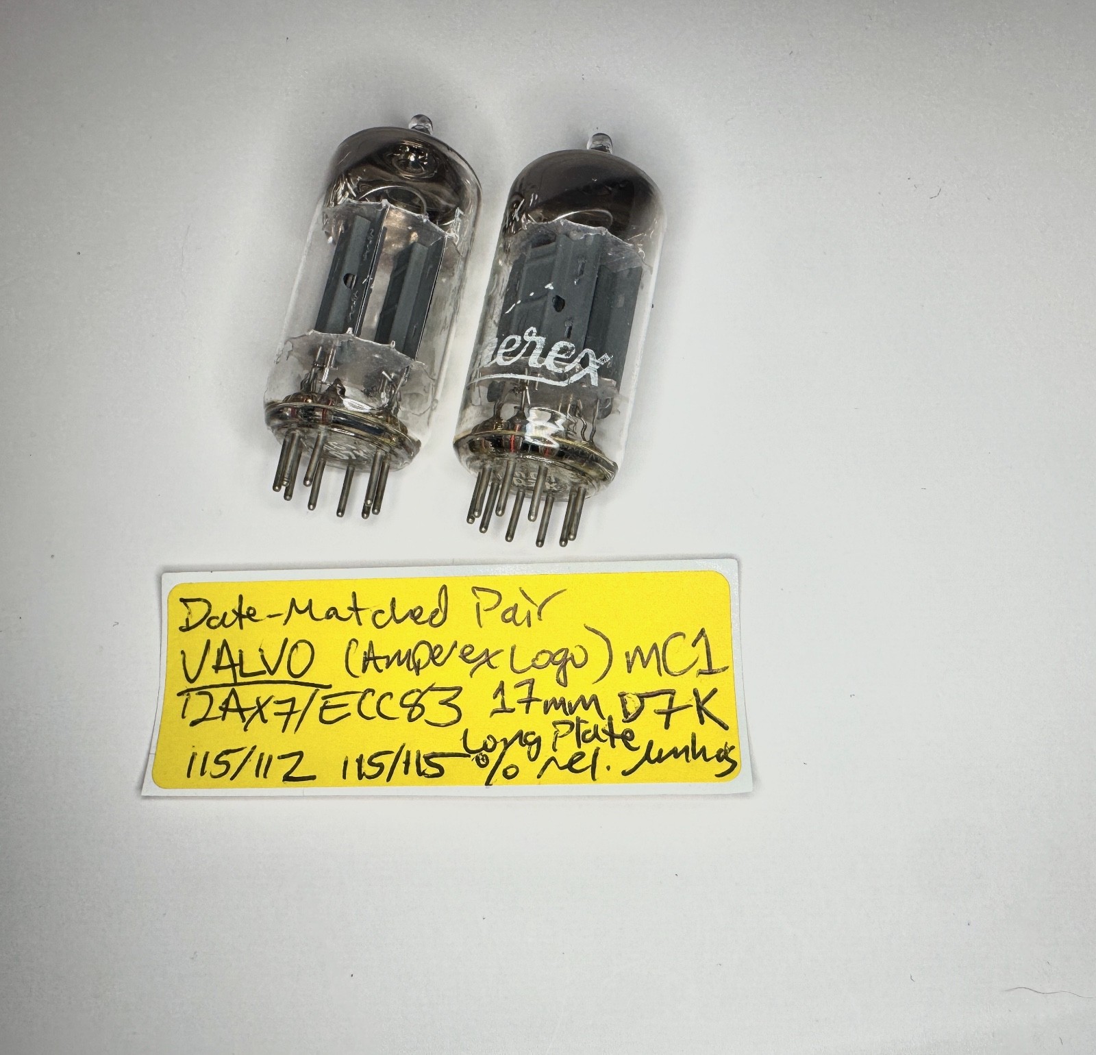 Pair Valvo (Amperex Label) 12AX7/ECC83 Long Plates 45° Getter 1957 mC1 Test@NOS+