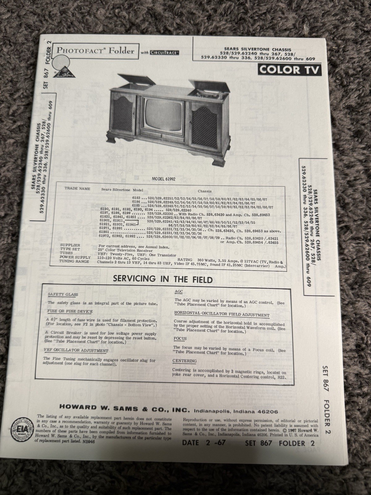 Sams Photofact Folder 867-2 Sears Silvertone Color TV Service Manual 1967
