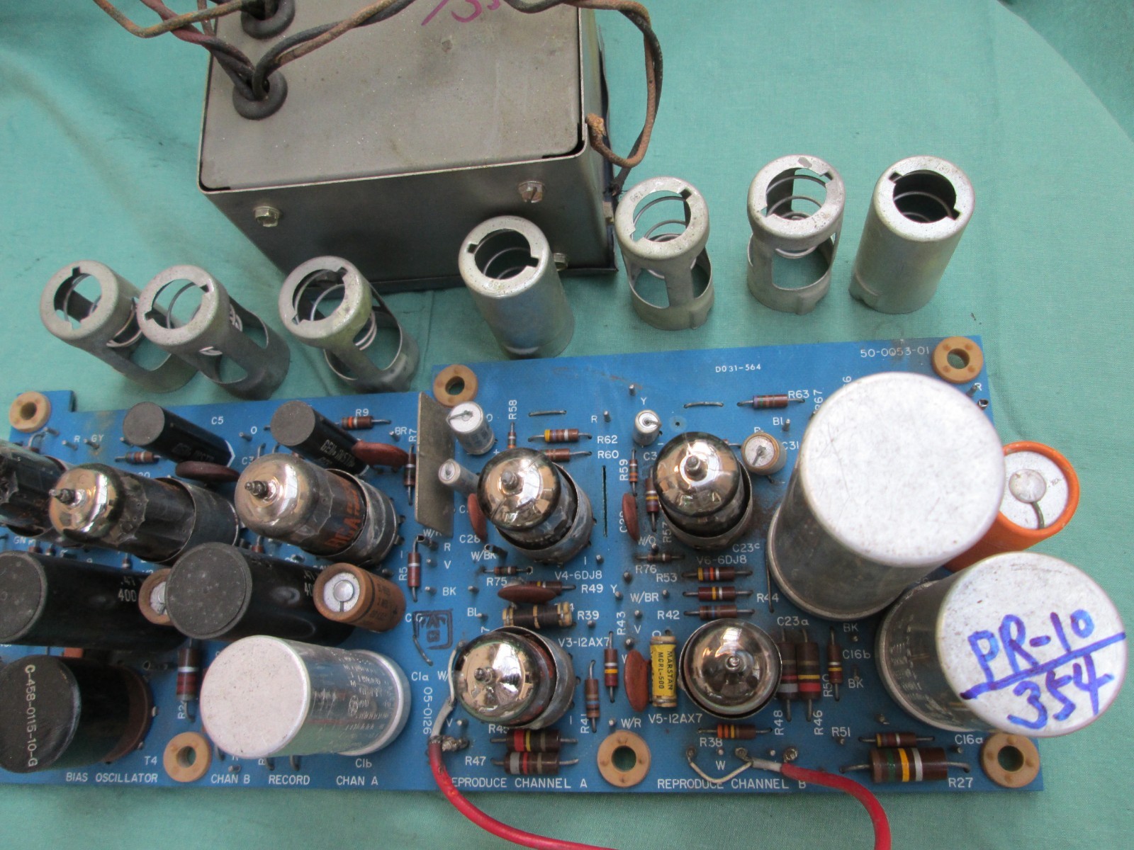 A Vintage Ampex PR-10/354 main PCB with original power transformer & tubes
