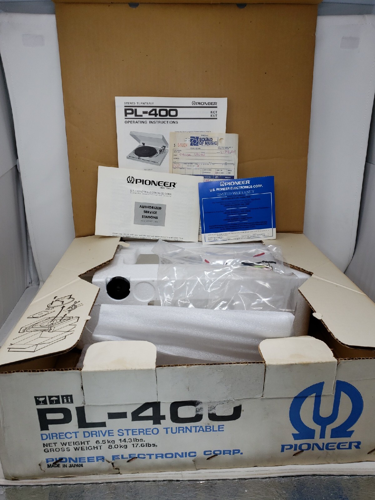 BOX ONLY! PIONEER PL-400 TURNTABLE VINTAGE Original Box w/Styrofoam & Manuals