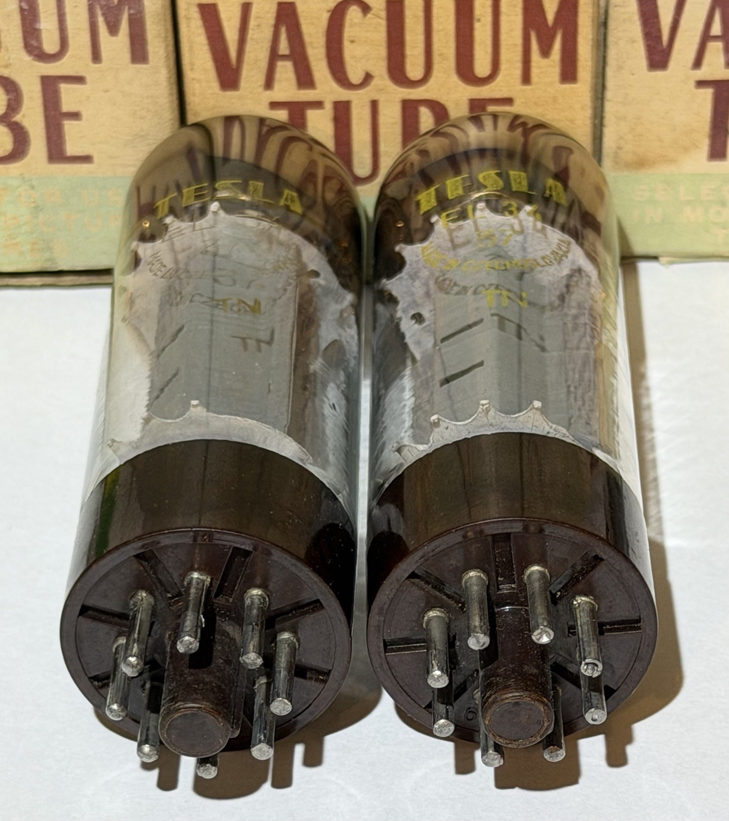 EX+ Pair Vintage Tesla Brown Base Flat Top OO Getter EL34 Tubes TV7 Tested @NOS