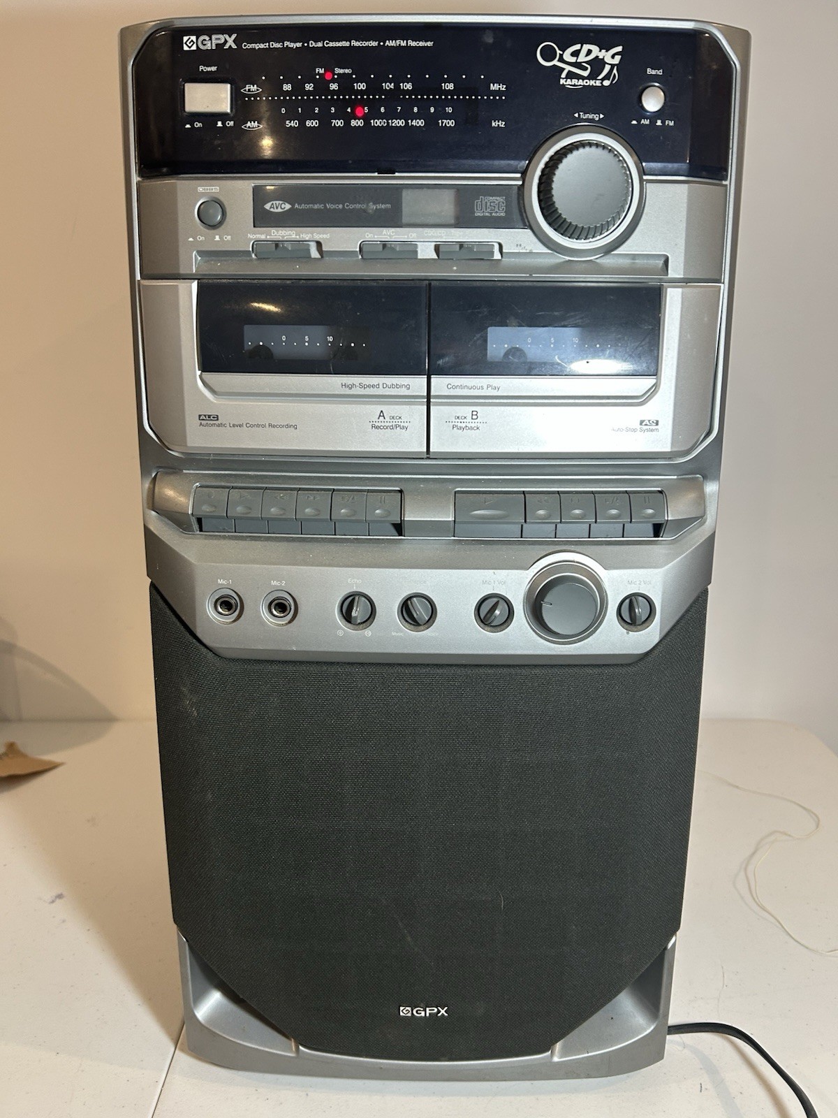 Vintage 2000 GPX Karaoke Tower CD Player Dual Cassette AM/FM Stereo Tested Works