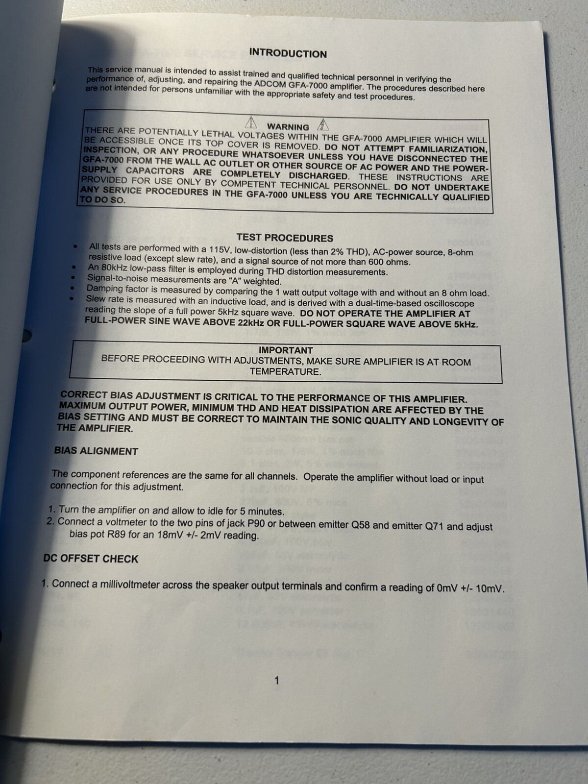 ADCOM GFA-7000 5 Channel Power Amplifier Amp Service Manual Original OEM Vintage