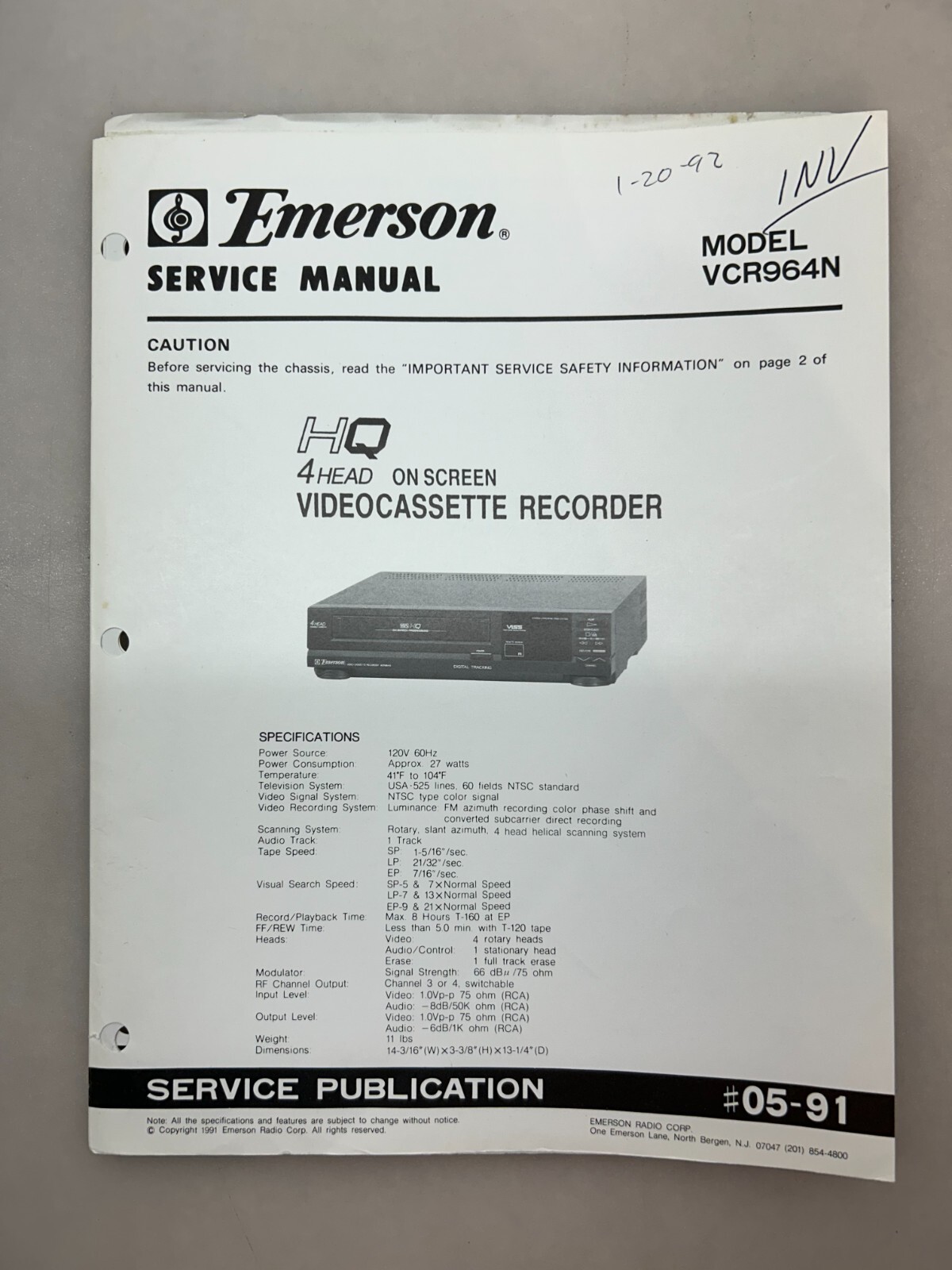 Emerson VCR964N Original Service Manual Free Shipping