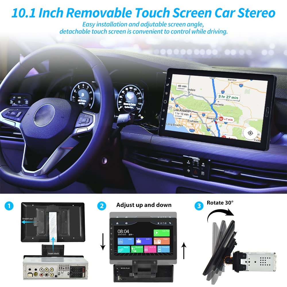 Hikity 10.1 Inch Single Din Car Stereo Carplay Android Auto Detachable Touch