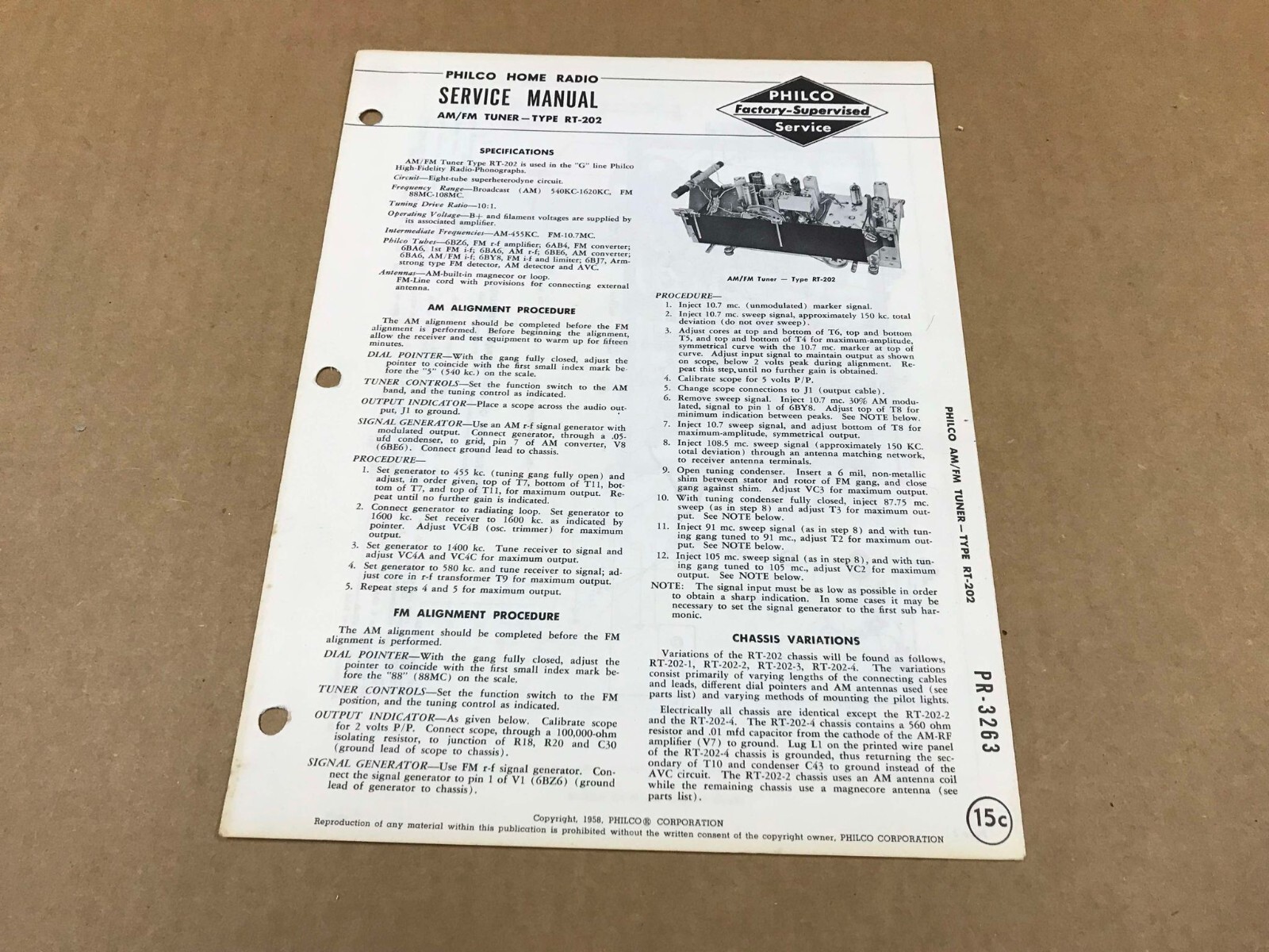 Vintage Philco Home Radio AM/FM Tuner Service Manual – Type RT-202