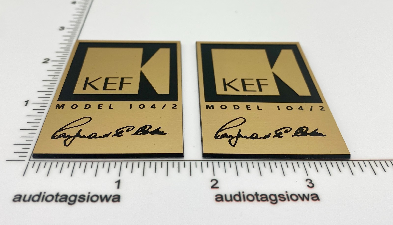KEF 104/2 Speaker Badge Custom Gold Incised Laminated Plastic Pair Satin Gold