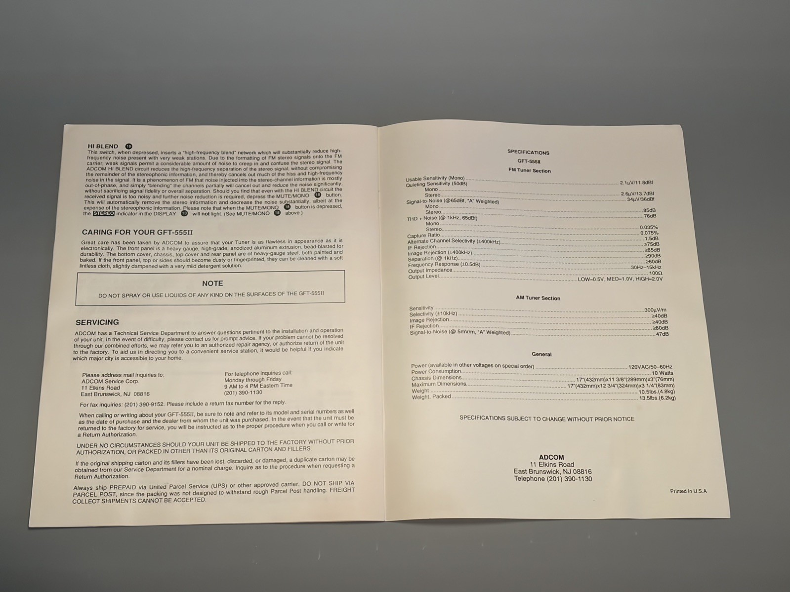 ADCOM GFT-555II Tuner Original Operating Manual – Not a photocopy