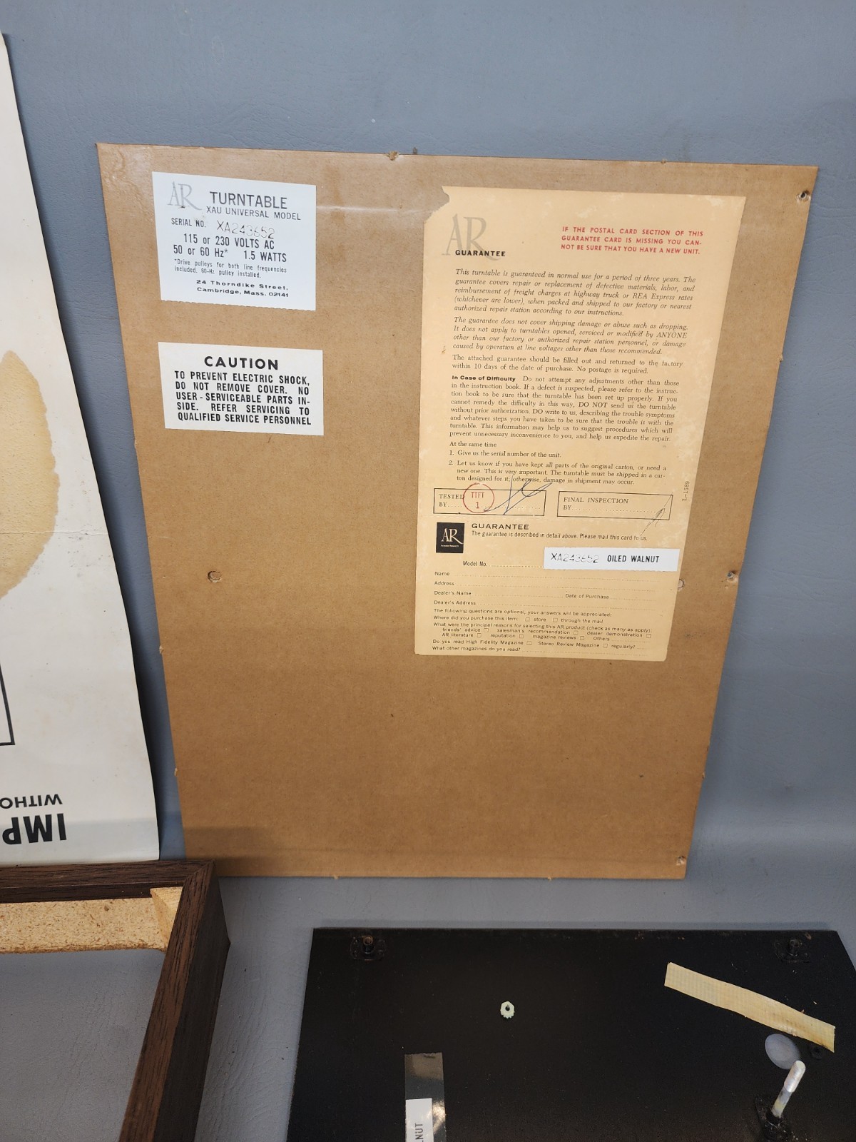 Acoustic Research AR Model XA Turn Table Replacement Part Out – Wood Frame 0709