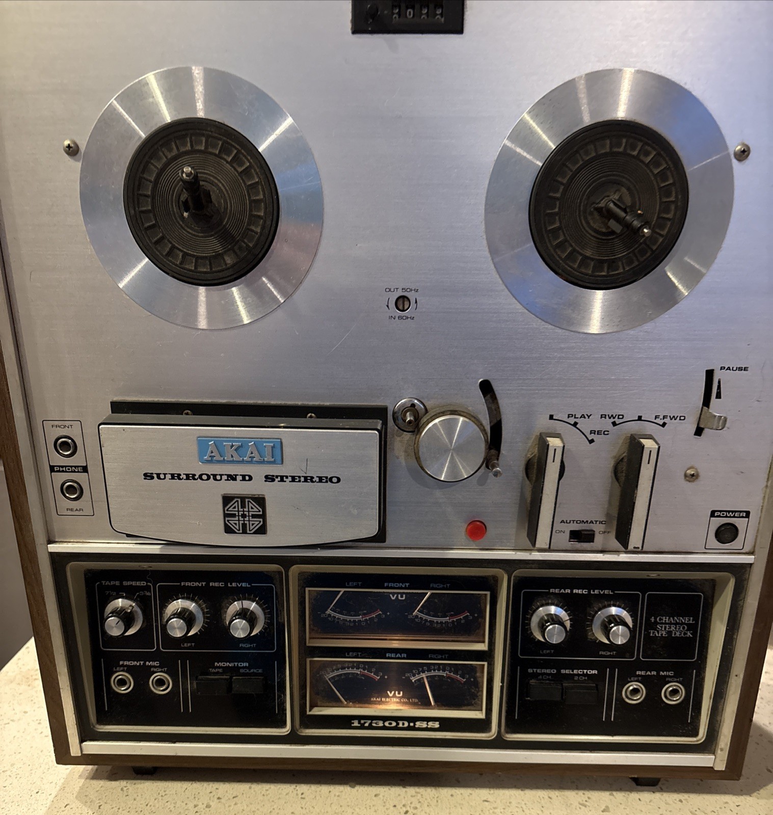 Akai 1730D-SS Quad Reel to Reel w/ Wood Case – Powers On – Spins Needs Service