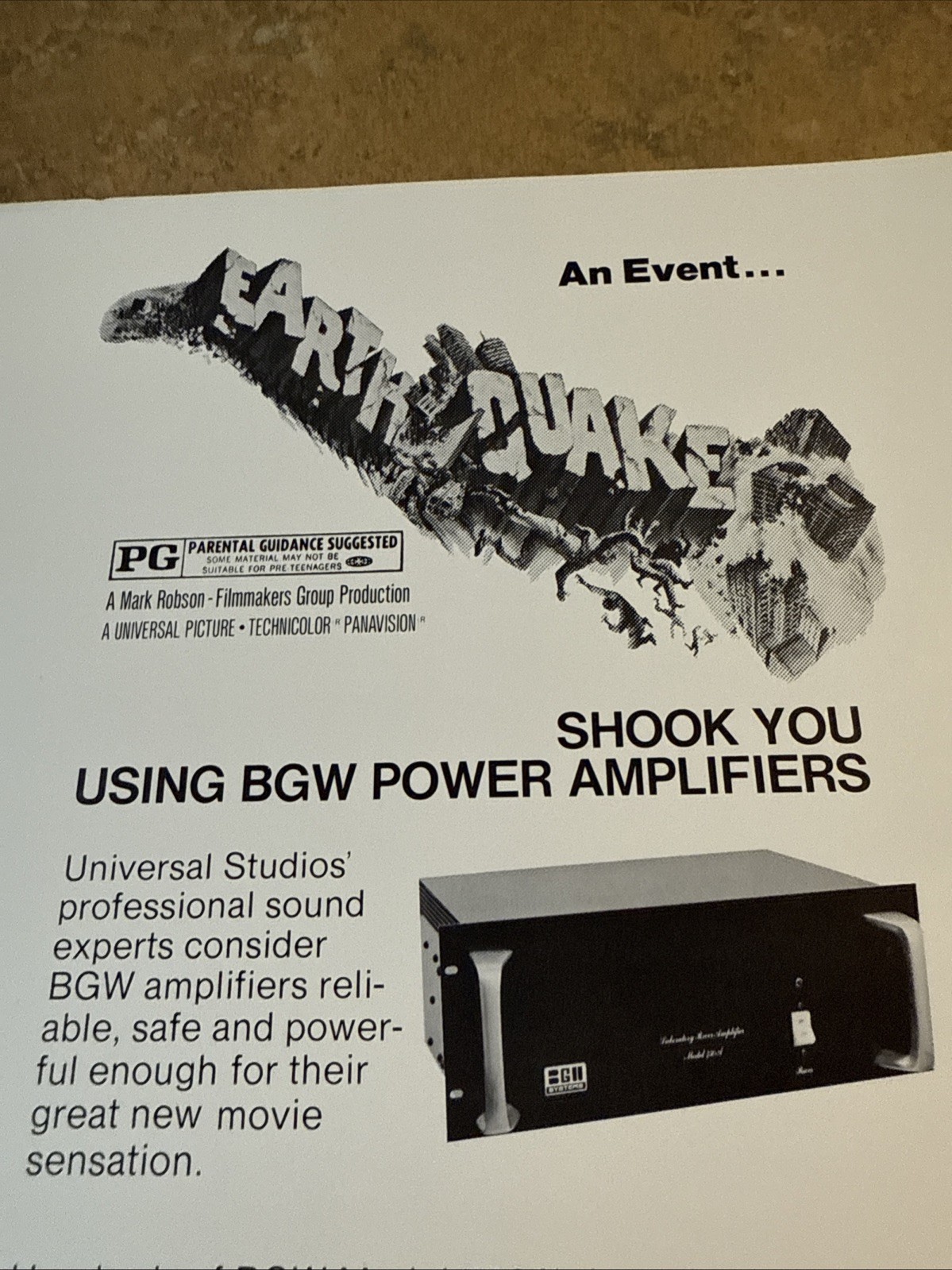 1974 BGW Systems Professional Power Amplifier EARTHQUAKE Movie Advertisement!