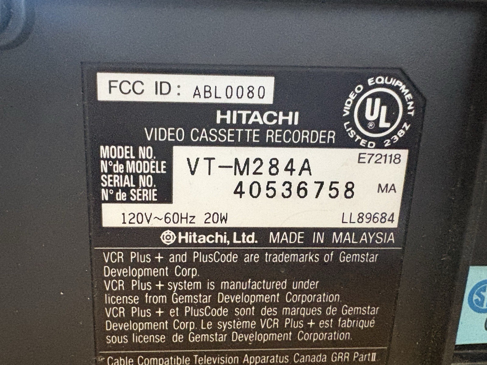 Hitachi VT-M284A VCR Video Cassette Recorder & VHS Player