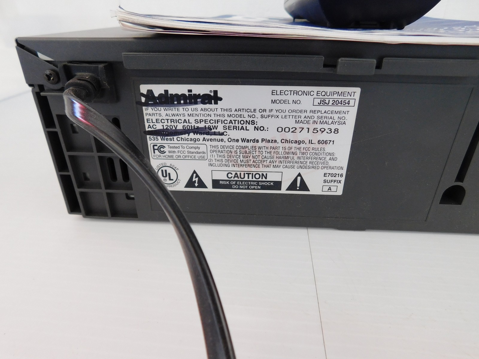 ADMIRAL VHS 4 HEAD VCR #2045400 Model JSJ20454 (JJS15)