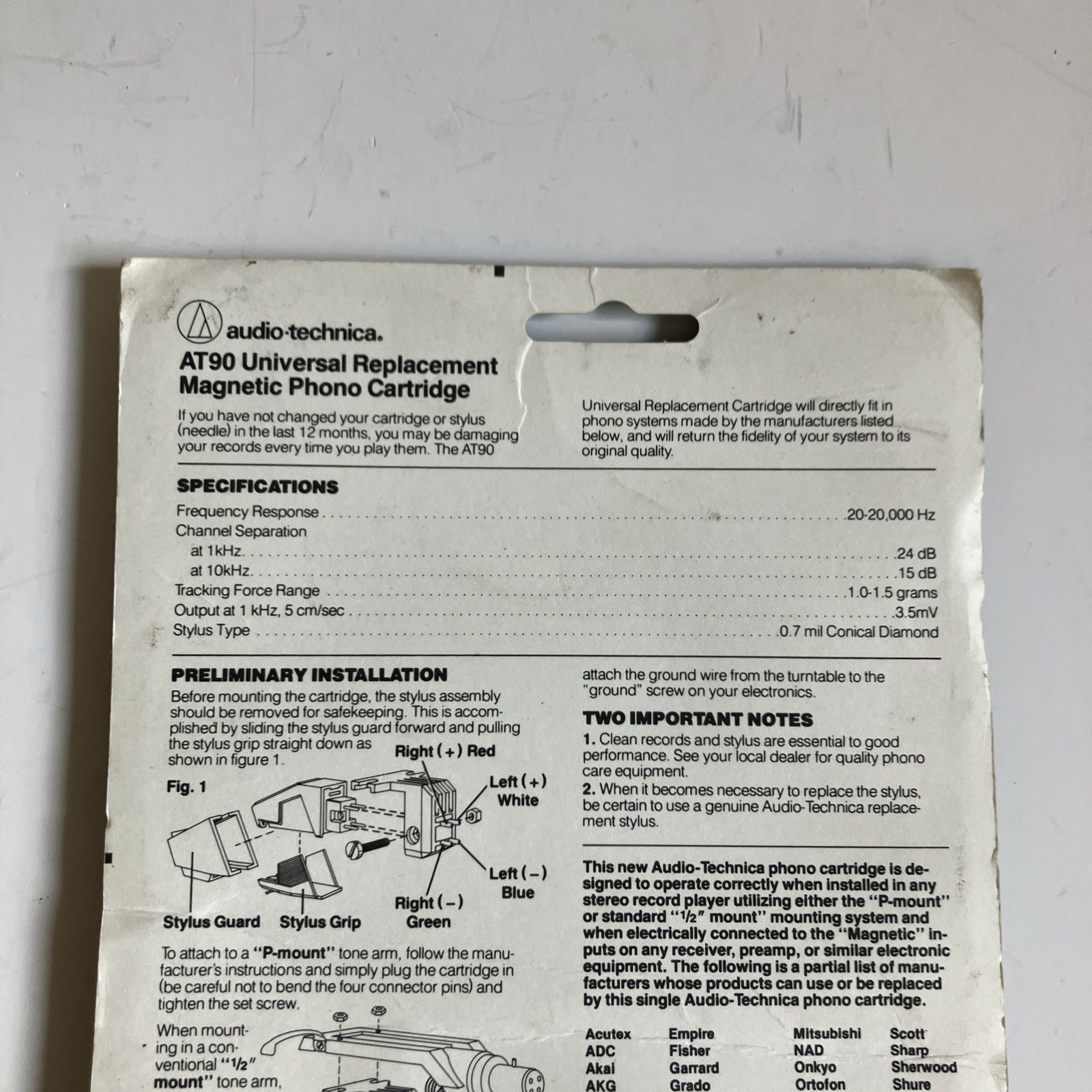 Audio-Technica AT90 P-Mount Universal Phono Cartridge | New Open Packaging