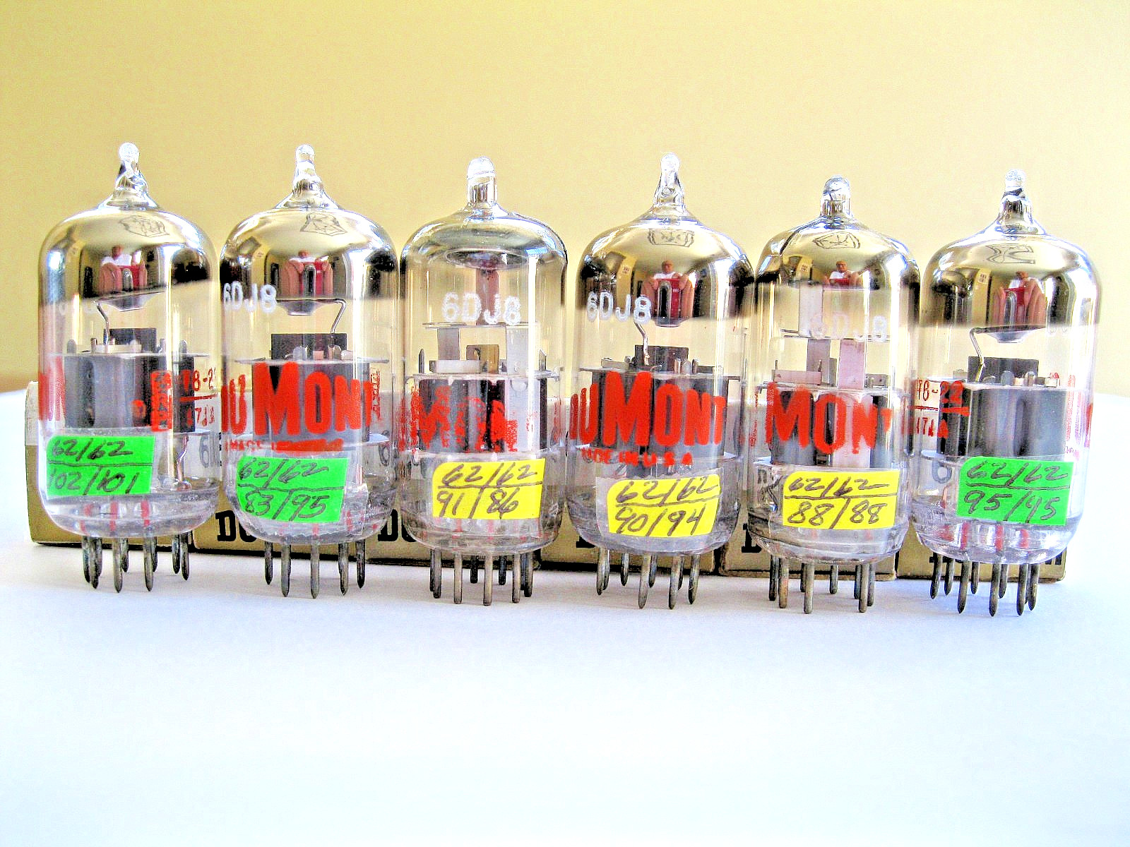 6 DUMONT 6DJ8/ECC88 VACUUM TUBES GRAY PLATE MATCHED DATE TV-7 TESTED READ.