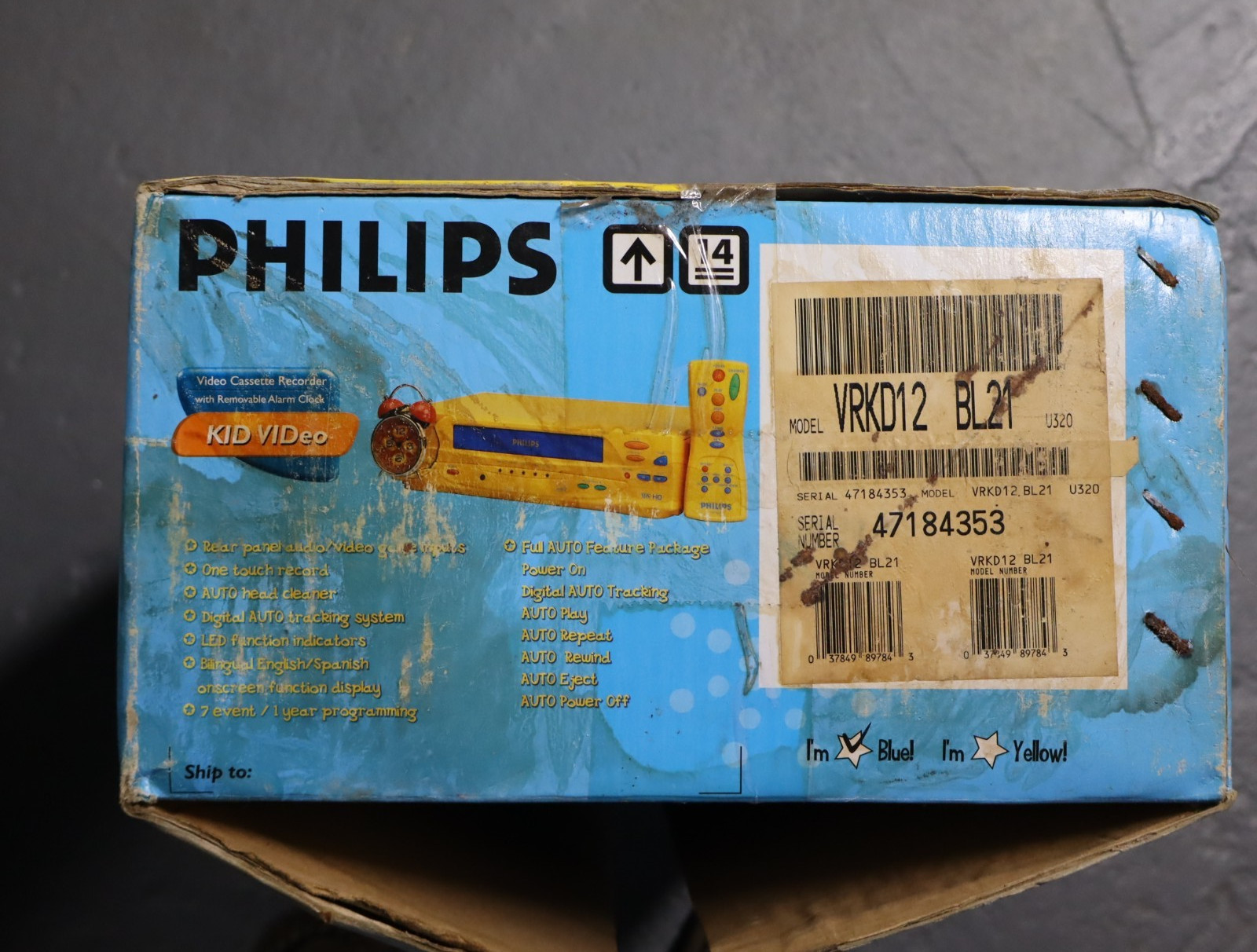 Vintage Philips Video Cassette Recorder Blue Yellow – New Old Stock – Open Box