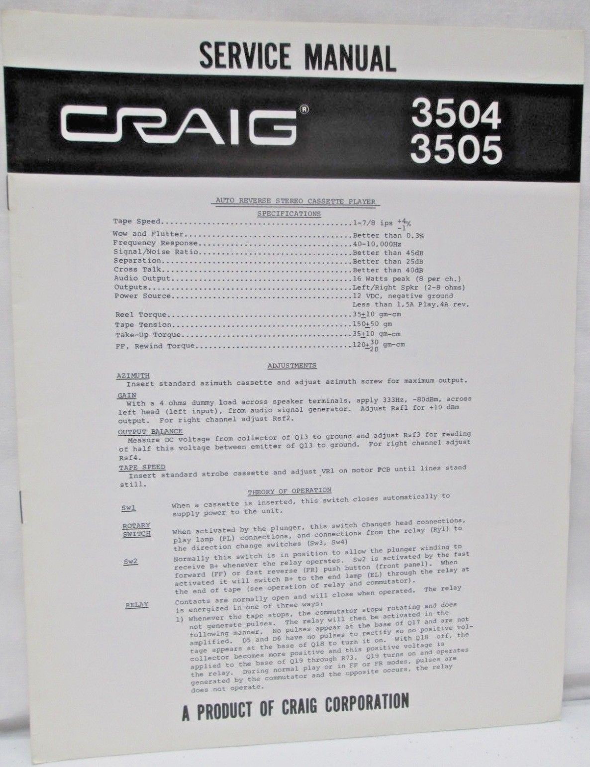 Craig 3504 3505 Service Manual Auto Reverse Stereo Cassette Player Specification