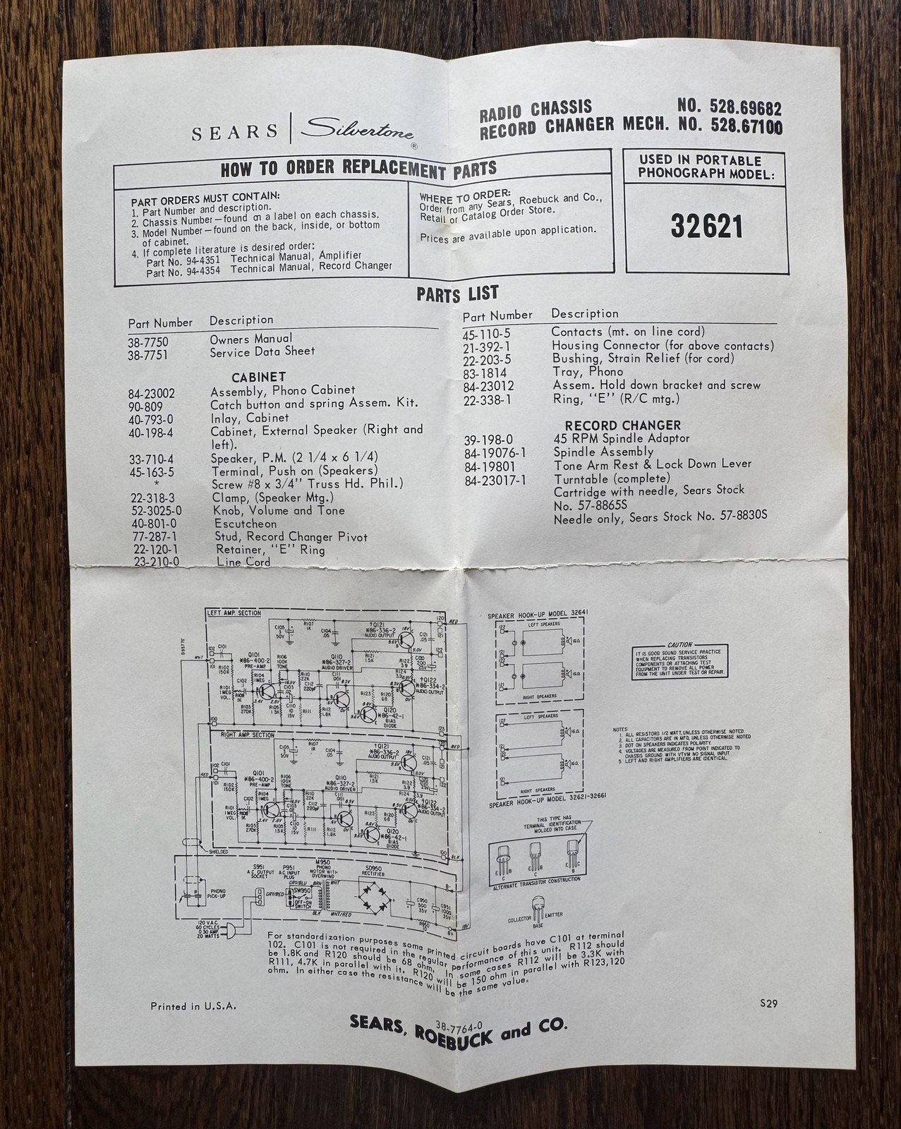 VINTAGE 60s 8.5×11 Sears Silvertone Model 32621 Schematic and Parts List Manual