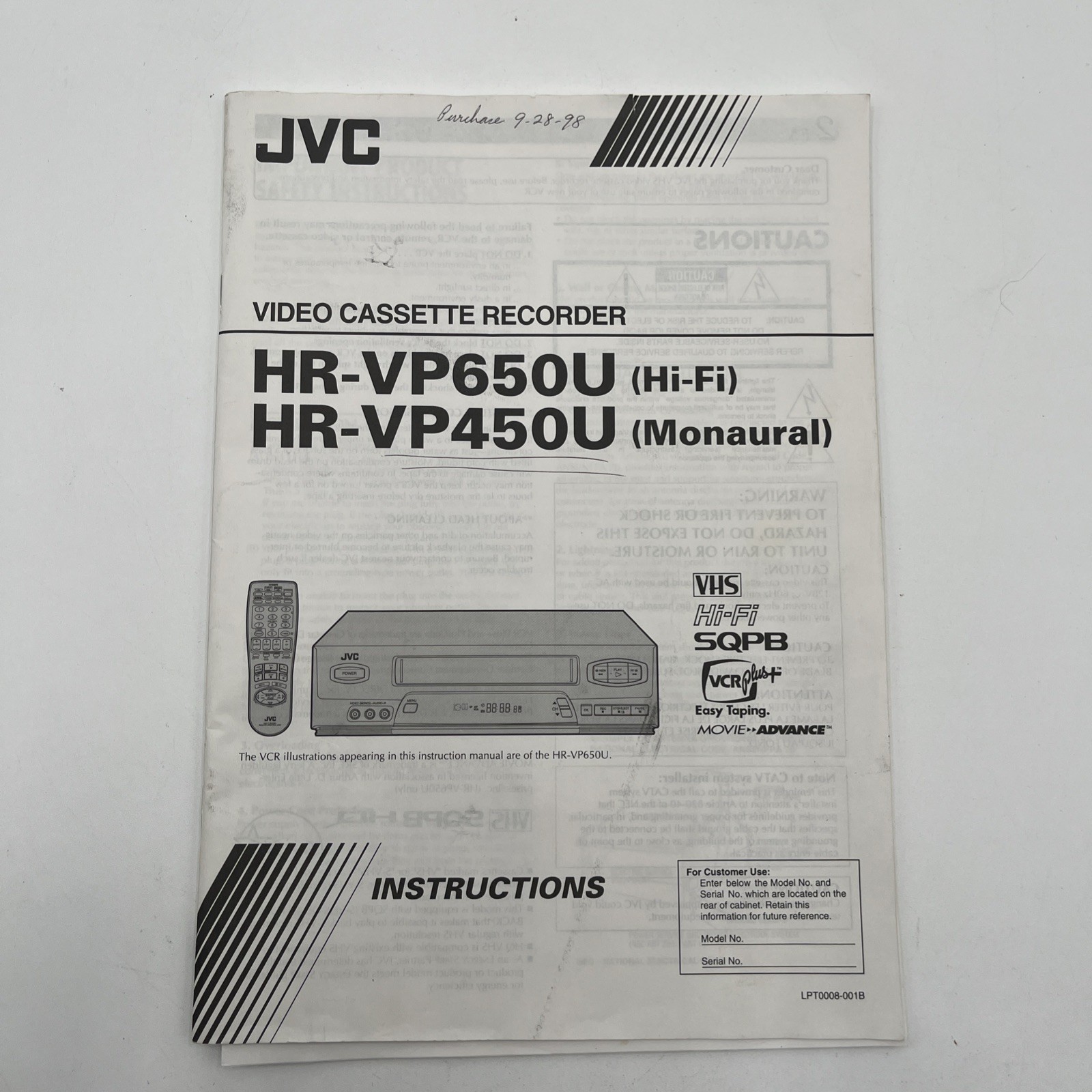 JVC HR-VP450U 4-Head VCR Used Tested W/Remote Works EXCELLENT! PRO-CISION!!