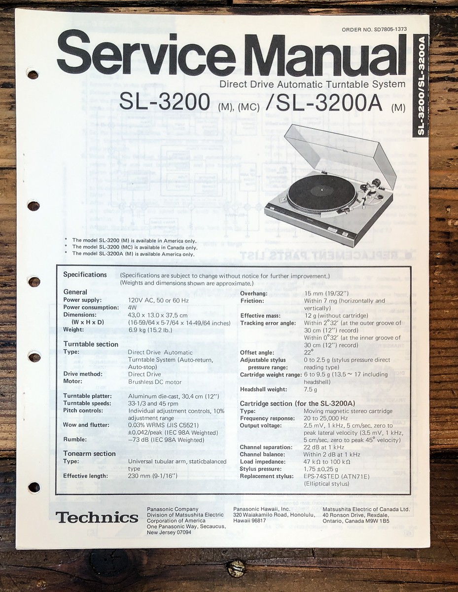 Technics SL-3200 SL-3200A Record Player / Turntable Service Manual *Original*