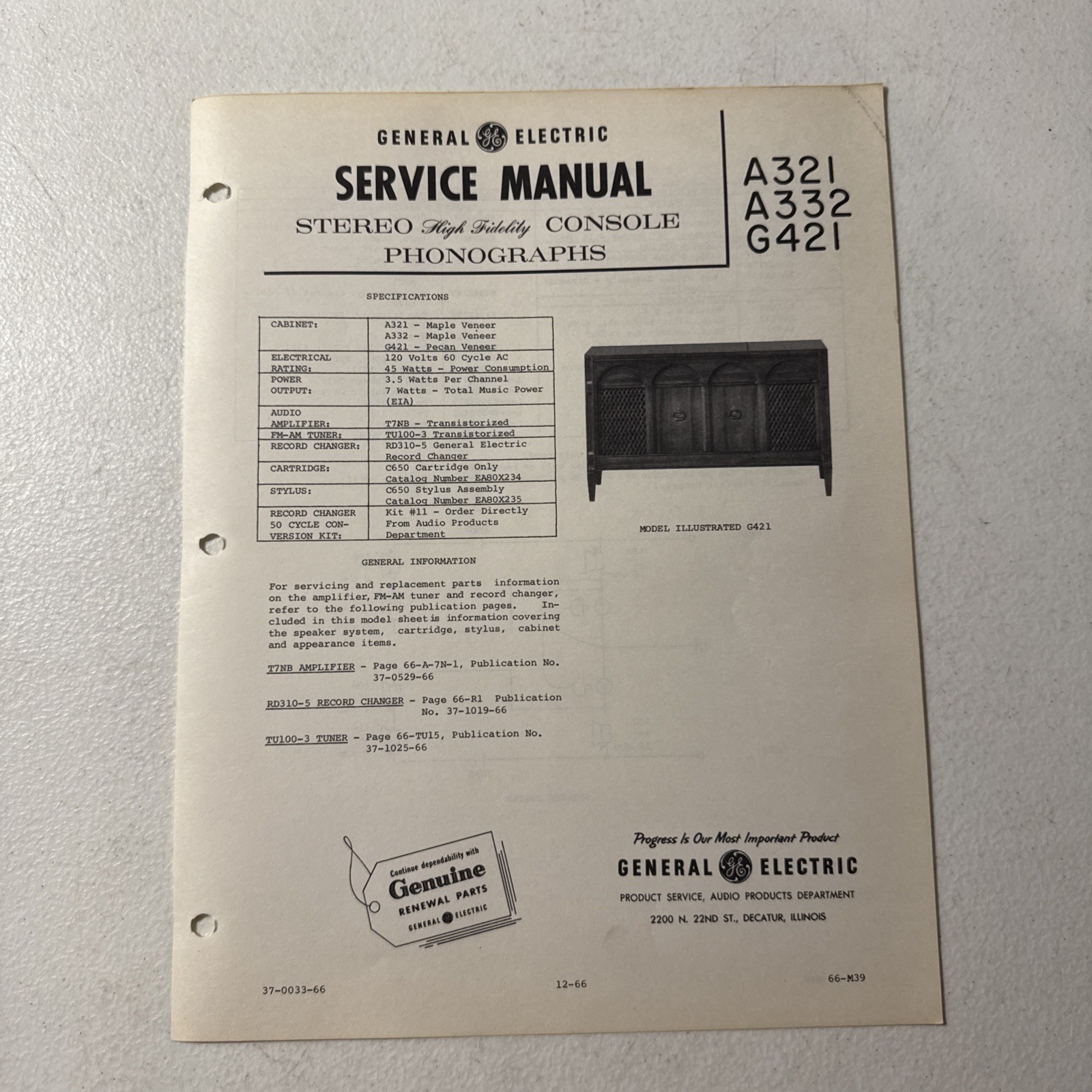 General Electric Stereo Console Phonographs Model A321, A332 Specification Sheet