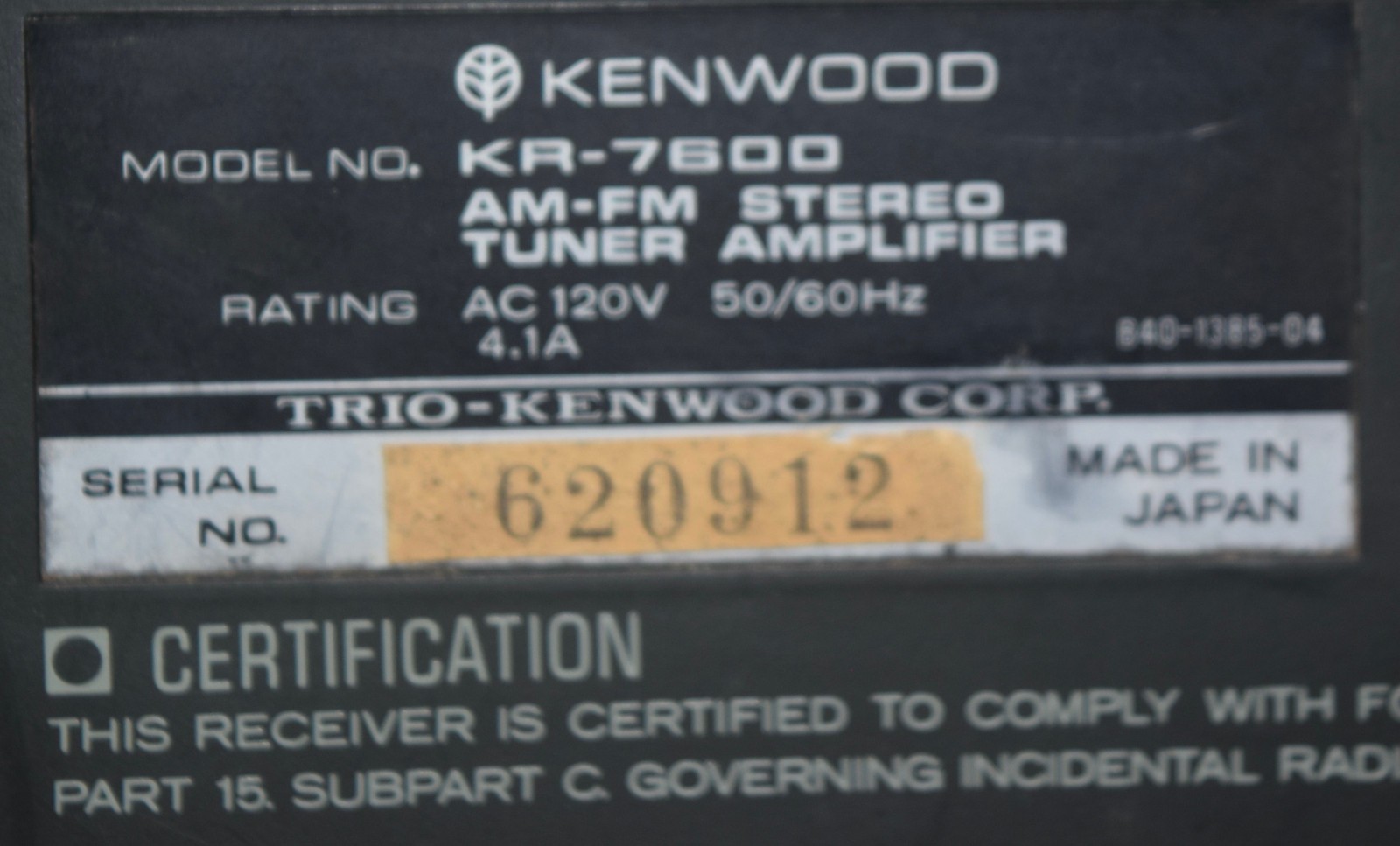 Vintage KENWOOD KR-7600 AM/FM Stereo Receiver – PARTS REPAIR ONLY