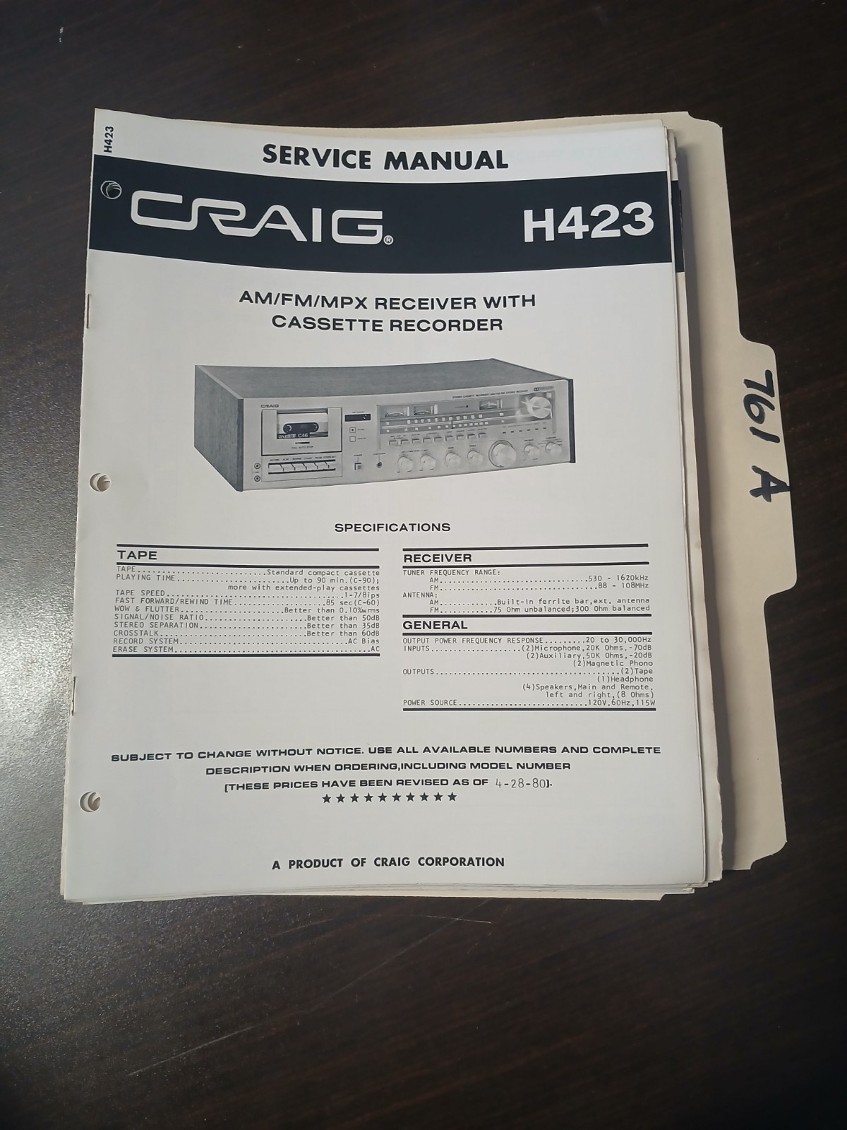Craig H423 Service Manual Original Repair Book AM FM MPX Receiver Tape Recorder