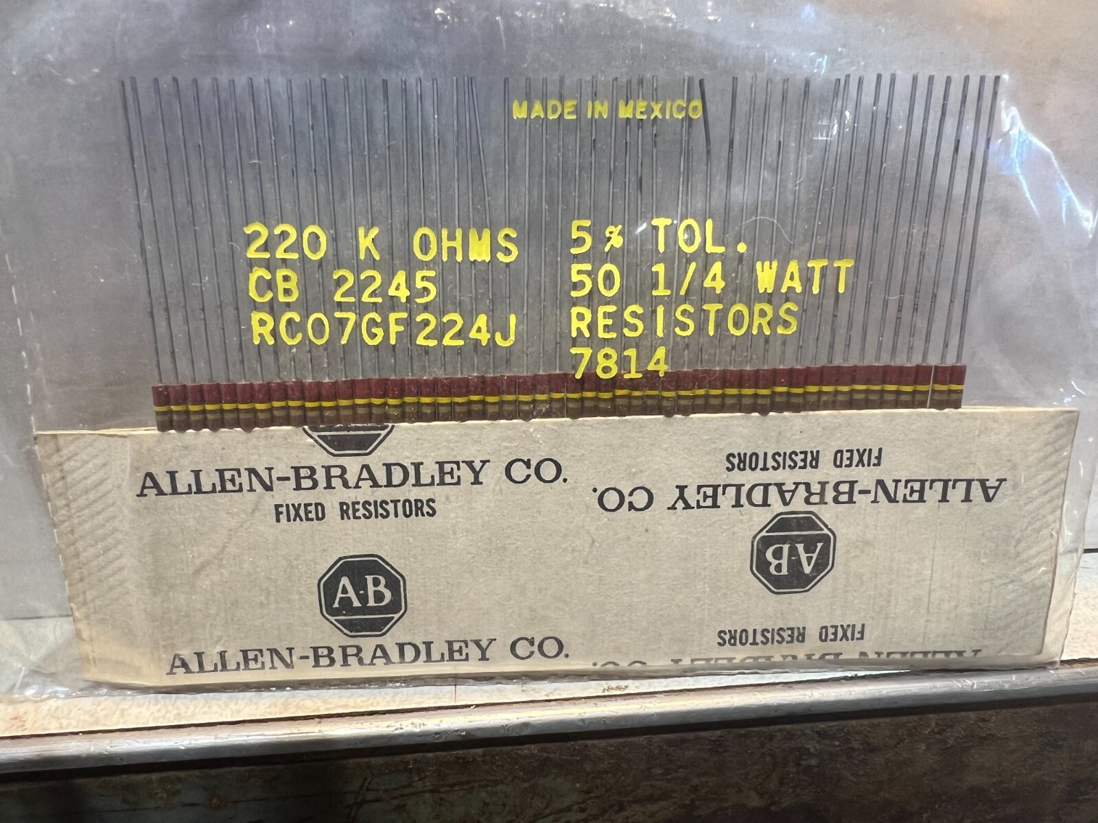50 Allen Bradley Carbon Comp Resistors 220k 1/4 watt 5%