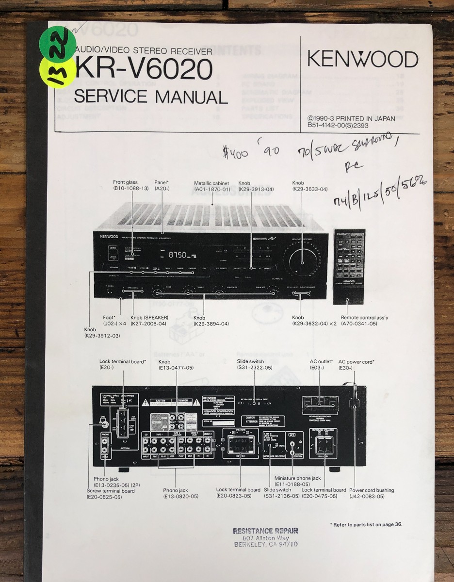 Kenwood KR-V6020 Receiver Service Manual *Original*