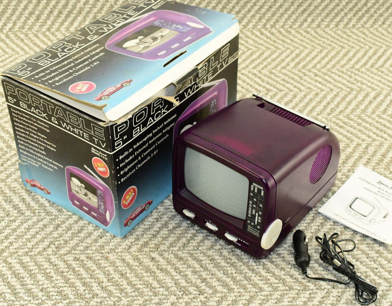 Vintage Lenoxx Sound TV-5I 5” Portable CRT Television Clear PURPLE Retro TV