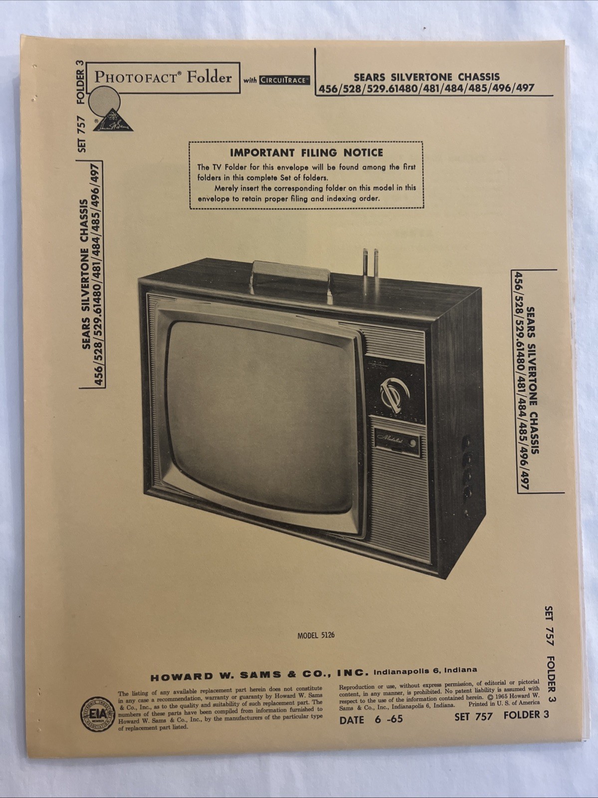 Vintage Sams Photofact Schematic 6-1965 SEARS SILVERTONE CHASSIS 456/528/529.