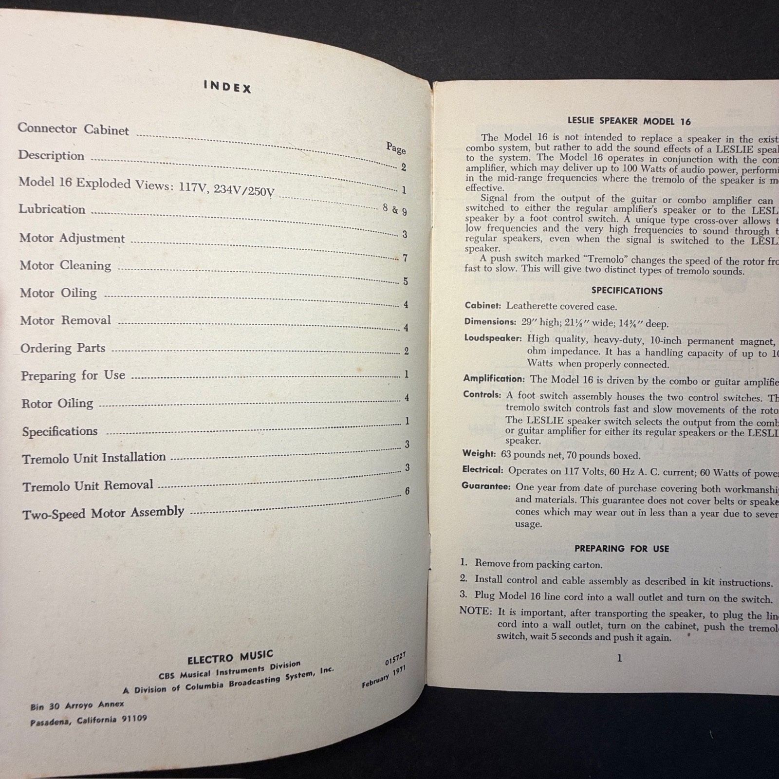 VINTAGE LESLIE MODEL 16 GENERAL OPERATING AND MAINTENANCE INSTRUCTIONS