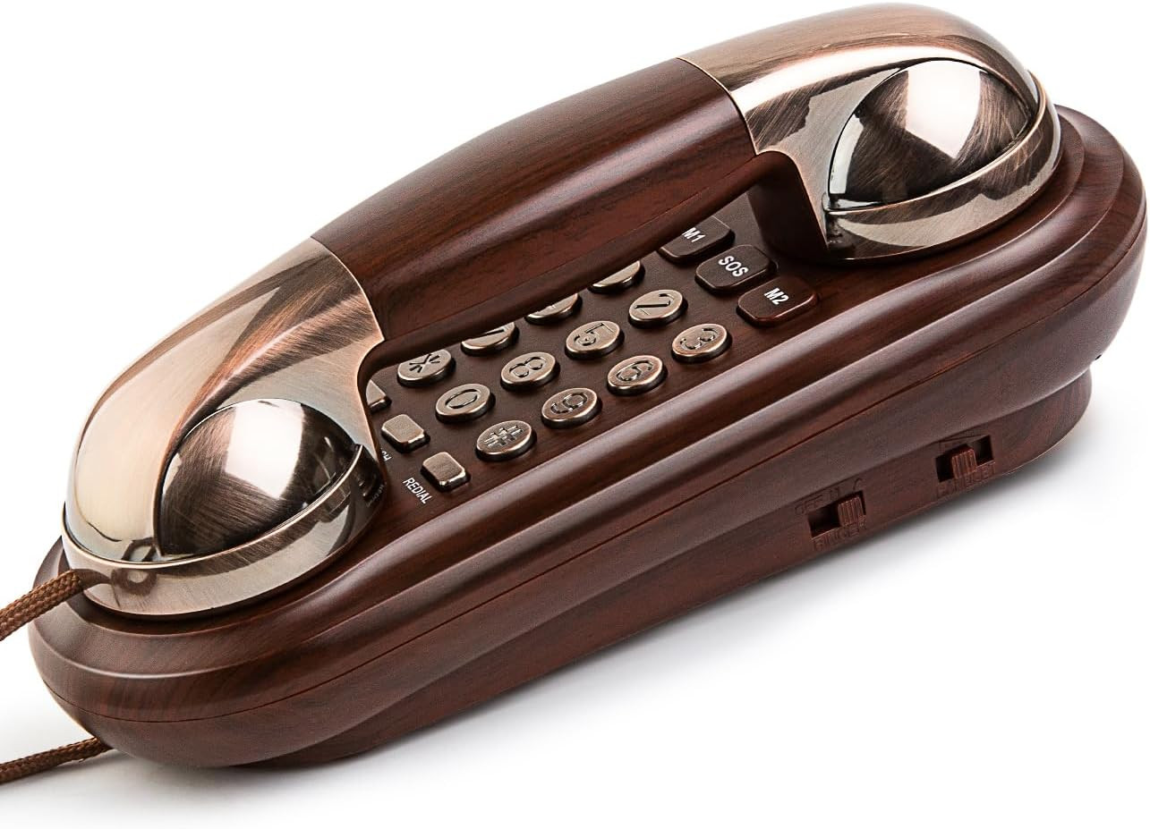 Corded Phone Vintage Wood Grain Wall Phone, No AC Power Required, 3 Speed Dial K