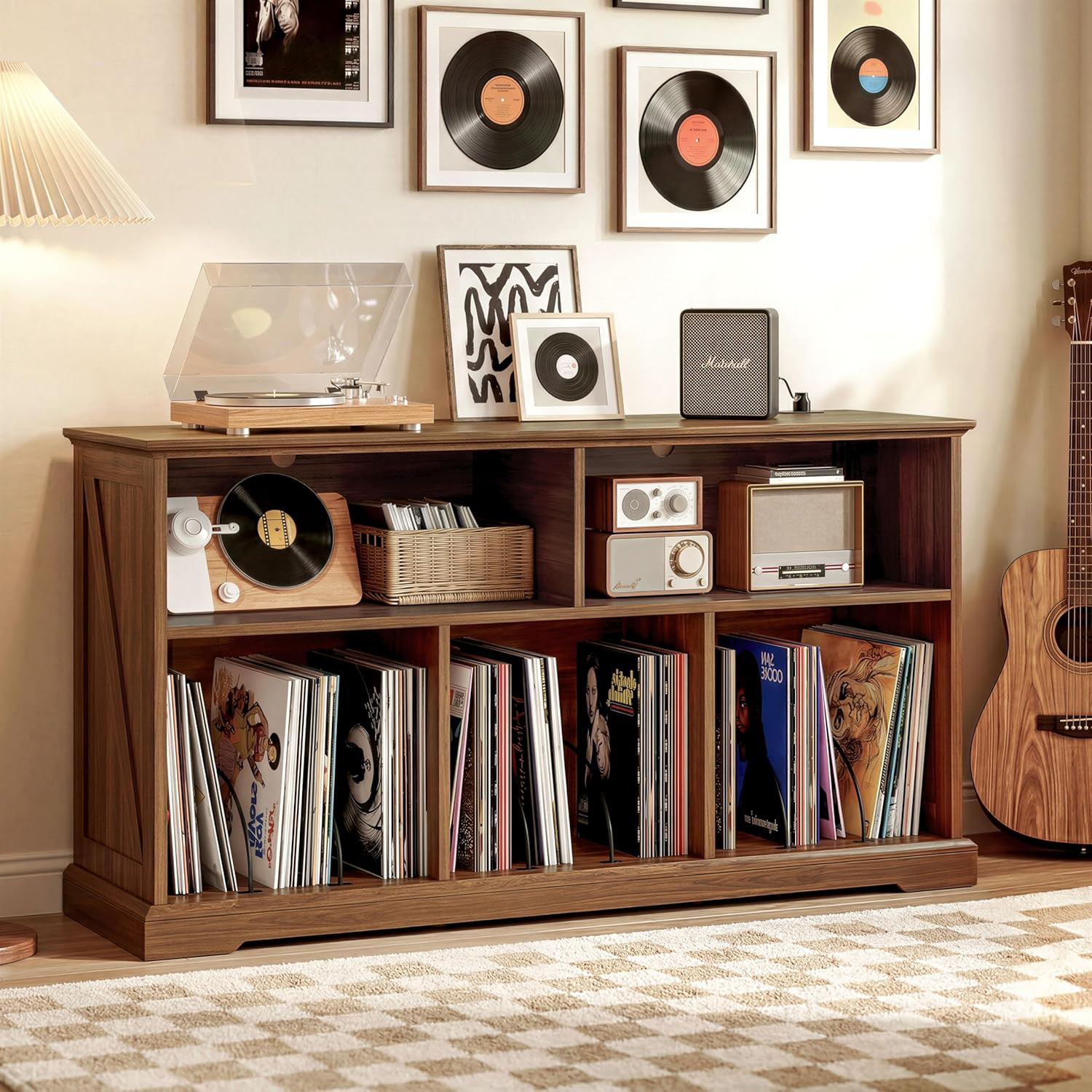 55″ Mid-Century Modern Record Player Stand with Charging Station